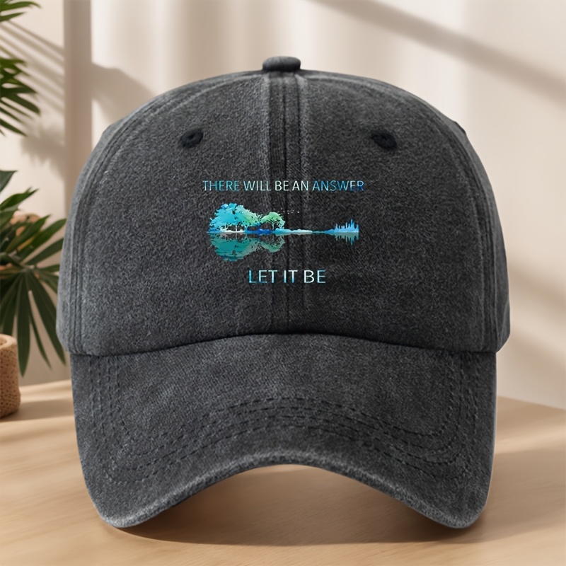 TEMU Reflection Guitar " Be" Printed Baseball , Classic Washed Distressed Vintage Duckbill , Outdoor Casual Sports Shopping Vacation Hat, Street