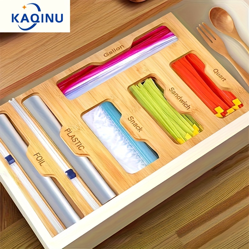 

Bamboo Organizer And Foil And Plastic Wrap Organizer, Aluminum Foil Organization And Storage, Plastic With Cutter For Kitchen Drawer For Gallon, Quart, Sandwich, Snack, Kitchen Supplies