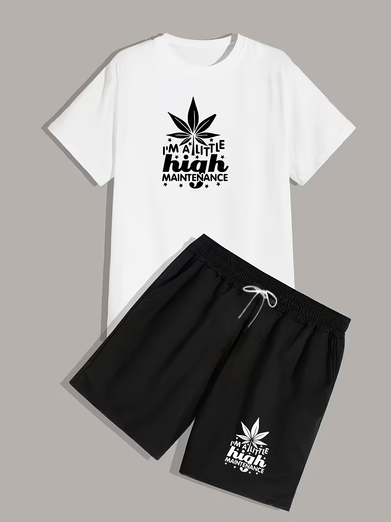 Men'S Two-Piece Set Featuring a Leaf Print, Including a Round Neck Short-Sleeve Tee And Drawstring Shorts