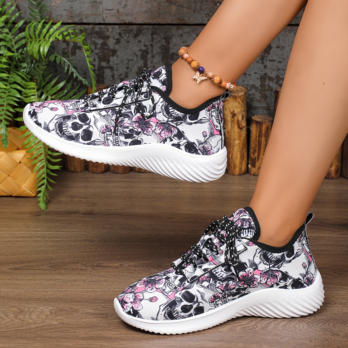 Women's Skull Rose Print Slip-On Sneakers Breathable Lightweight Casual  Shoes with EVA Cushioned Sole for Outdoor Casual Att - Main Image