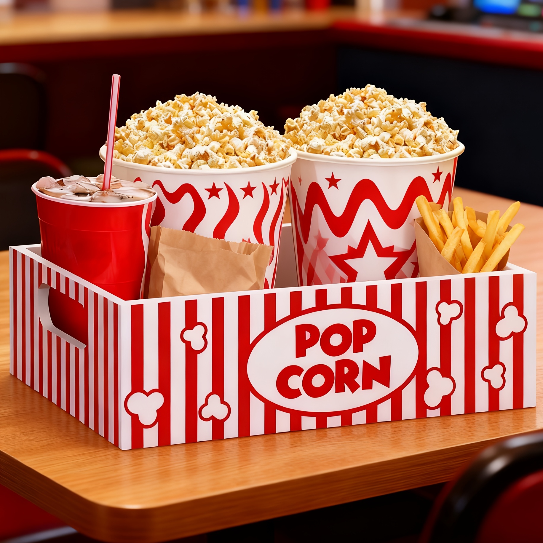 TEMU ビンテージ 赤と白のストライプ ポップコーン収納トレイ - 木製 映画館スナックボックス キャンプ、クリスマスパーティーに最適 - パーティースナックホルダー、棚バ