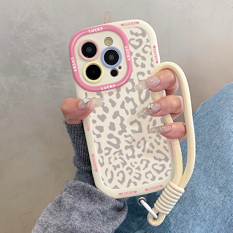 E-shop Handyhülle: Leopardenmuster geeignet für iPhone 17 Pro Max 16PLUS 15 14 13 12 11 mit weißem Lanyard, niedliche Cartoon-Ästhetik, stoßfest,