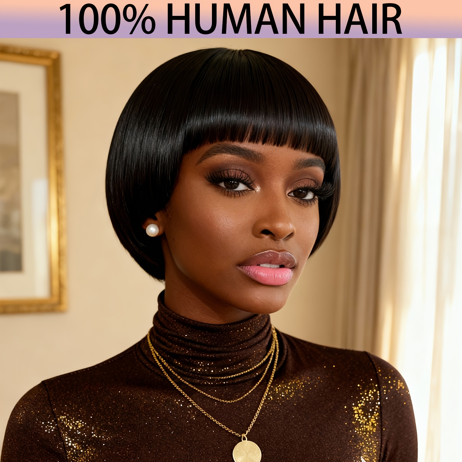 TEMU 6-inch No-glue Wig For Women - Made From Real Human Hair, Straight Black With Long Flowing Bangs, 180% Density, Comes With Free Wig ( In Each