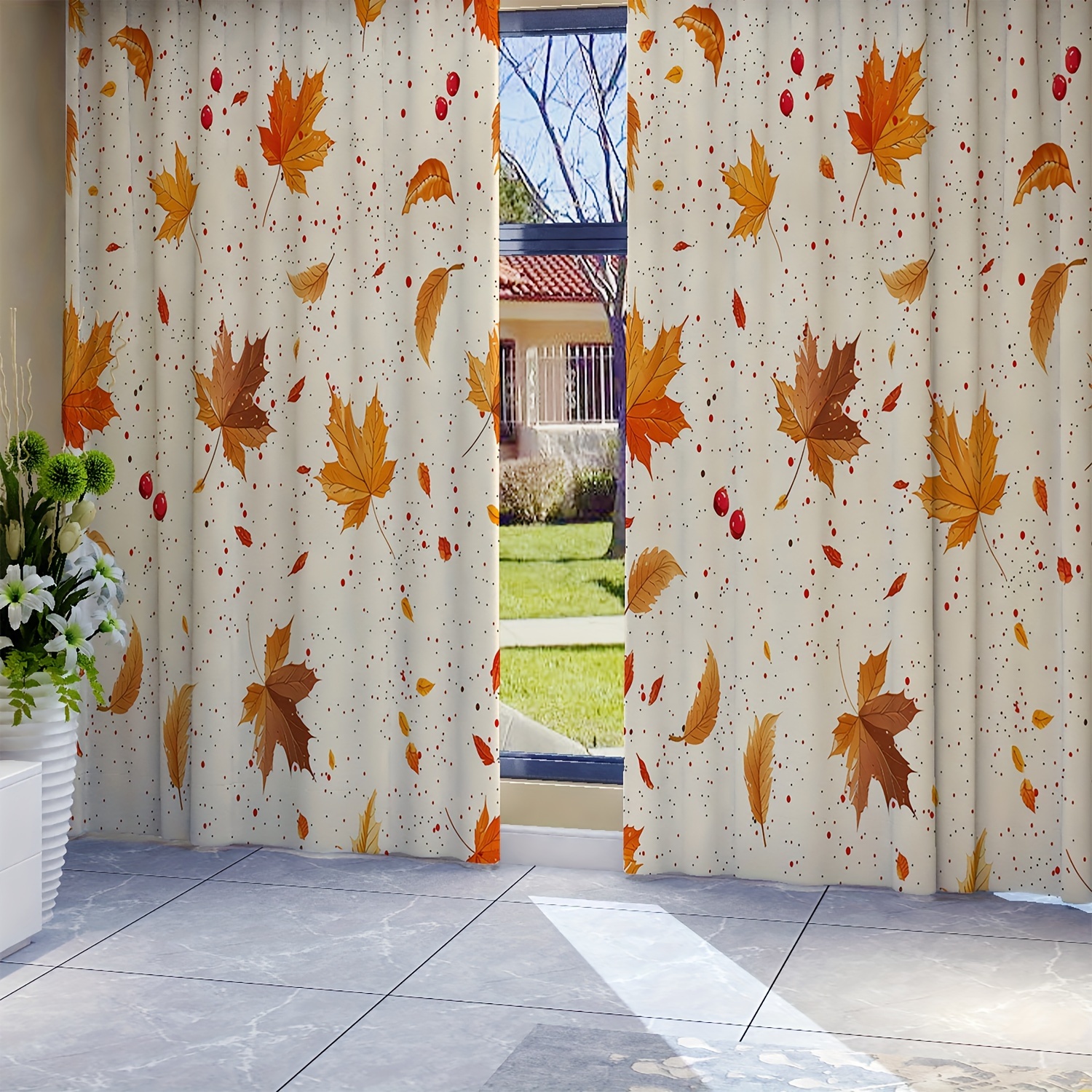 

Seasonal Autumn Leaves Print Curtains: 2 Pieces Set, Suitable For All Seasons, Perfect For Living Room Decor