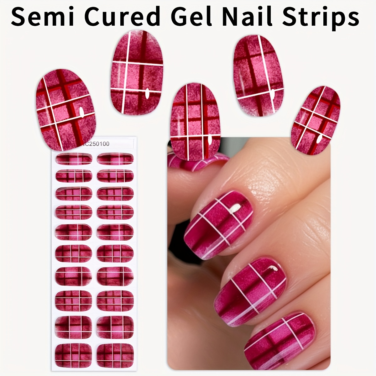 Image of 20pcs Semi Cured Gel Nail Strips, Fall Checkered Gradient Self-adhesive Gel Nail Full Wraps, Easy To Manicure, Chip Resistant, Suitable For Home Diy Nail Stickers, Gifts For To Give