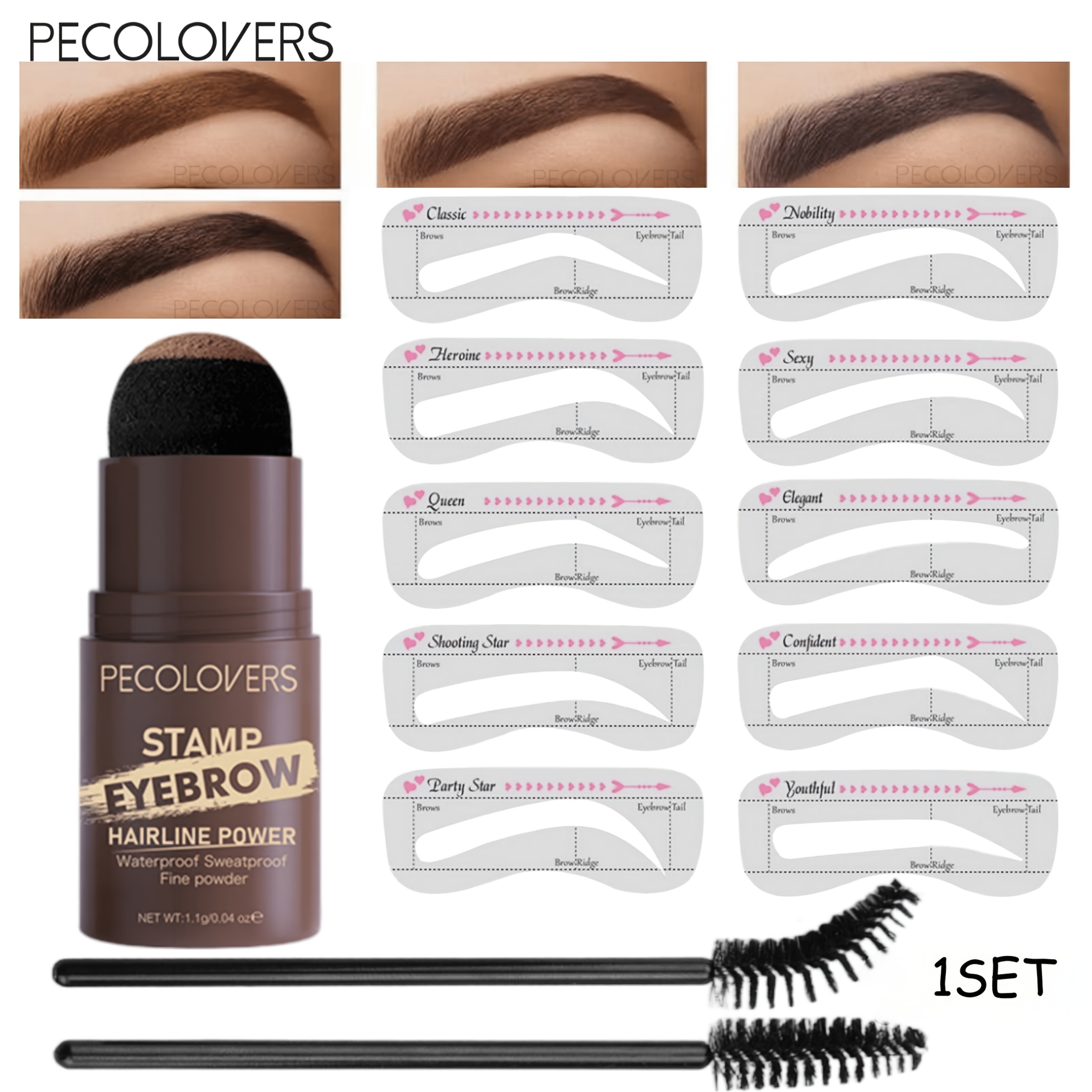 Eyebrow Stamp Powder Set, Waterproof Smudge-Resistant Reusable Brow Stencils