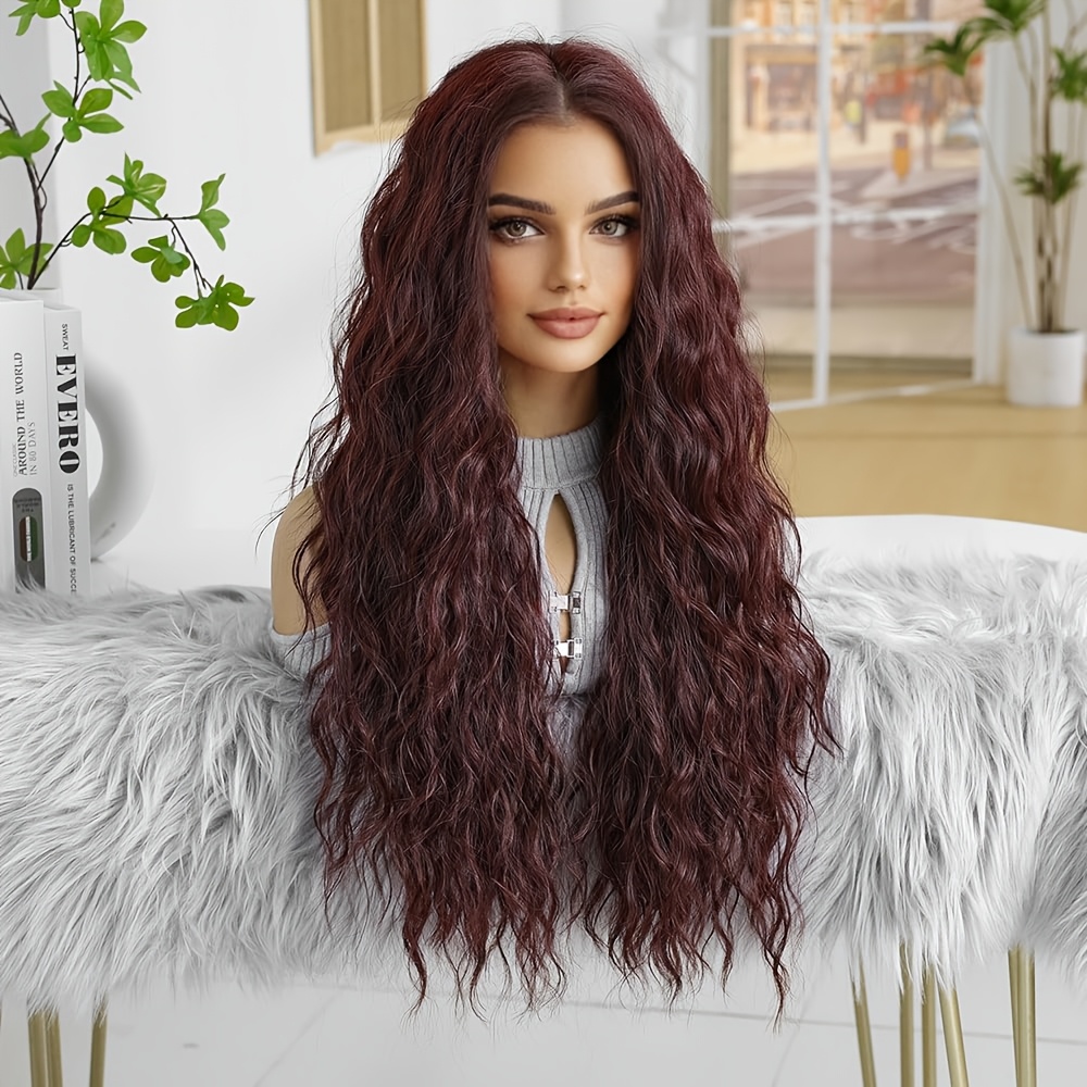 Image of 26 Inch Burgundy Reddish Brown Water Wave Synthetic Wig For Women Suitable For Daily Use & For , Heat Resistant Fibers, European Wig With Burgundy Color For Parties, Halloween