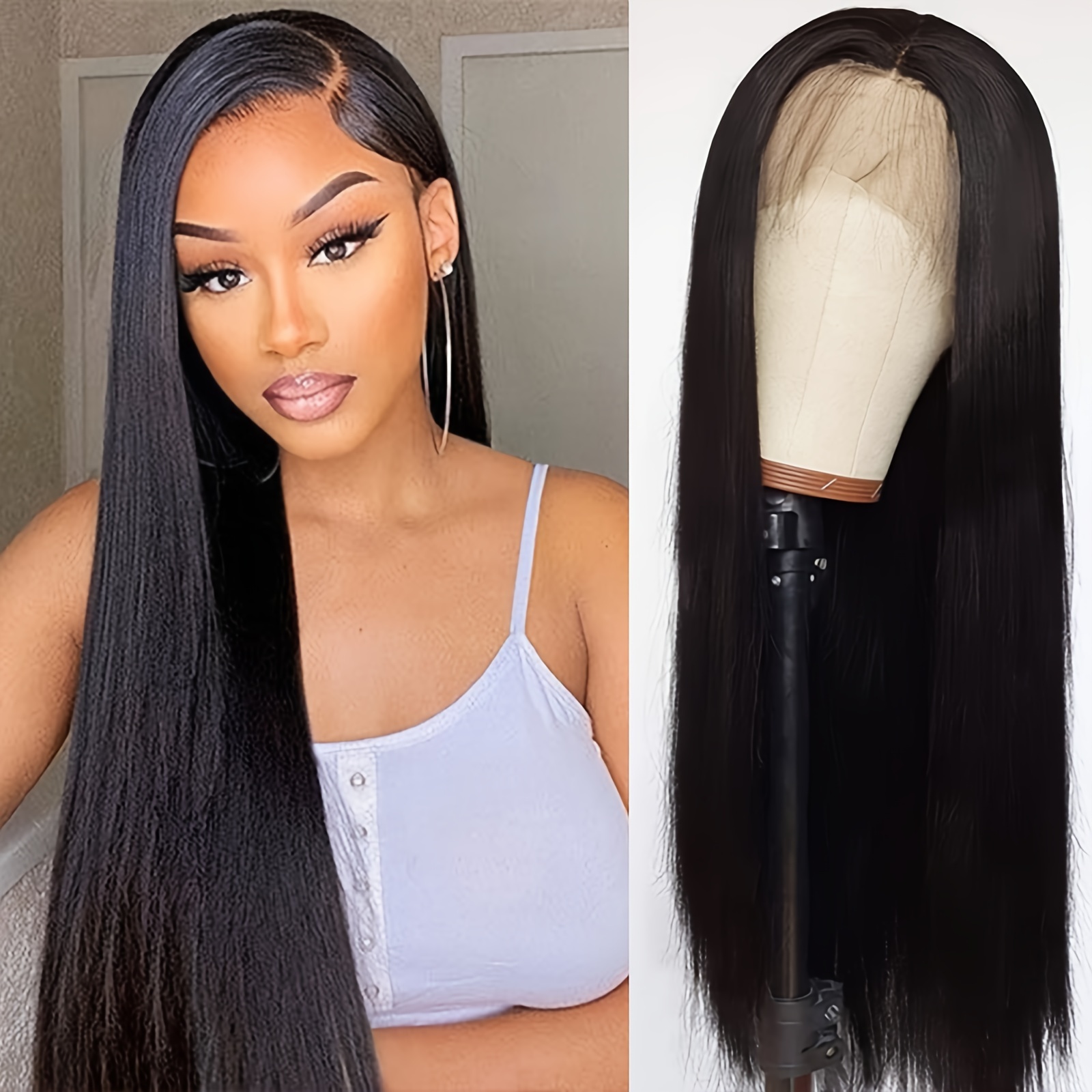TEMU 13x4 Lace Frontal Black Straight Wig Glueless Lace Front Wig Long Black Synthetic Wig For Women Natural Daily Party Wig