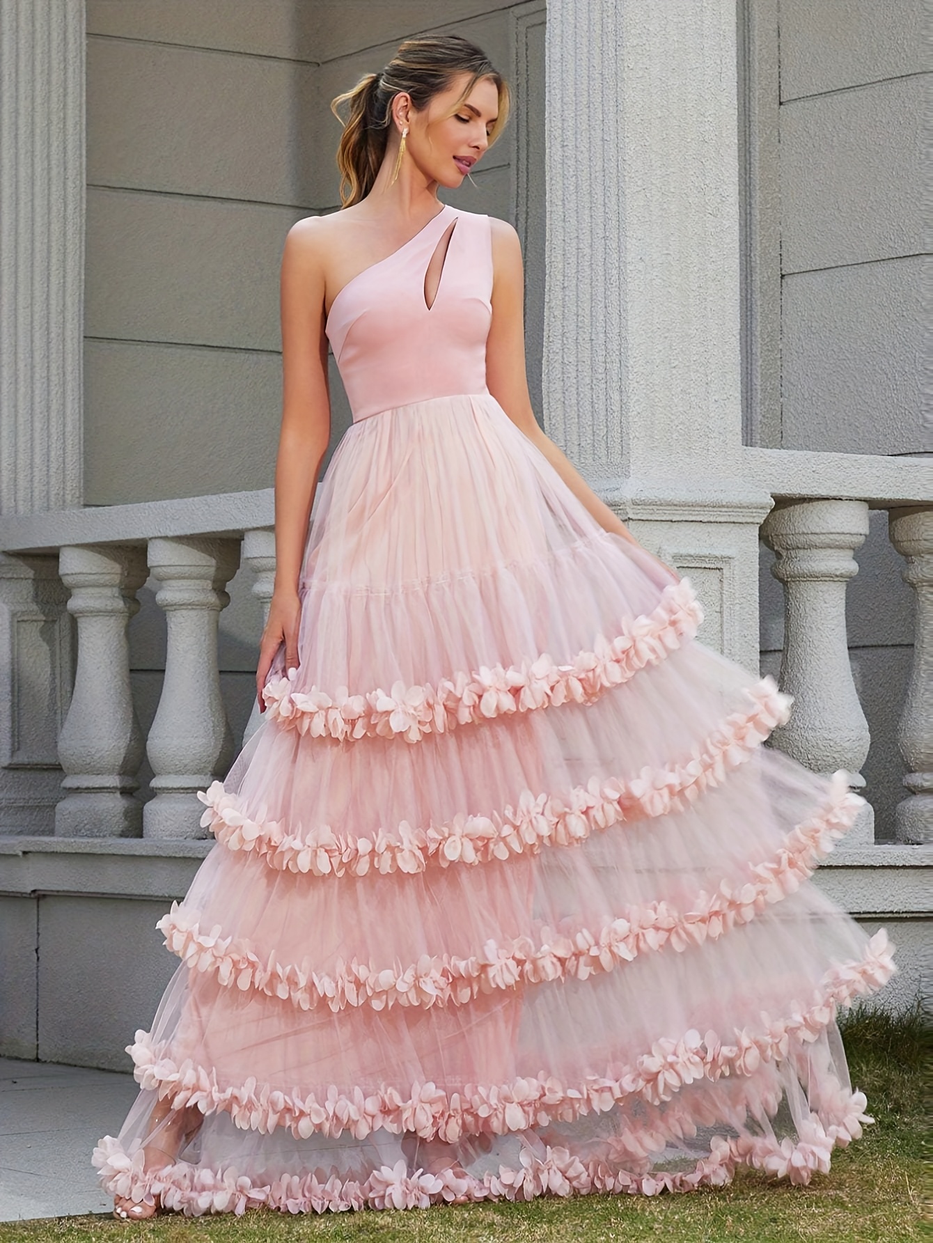 pink single shoulder openwork tulle mermaid evening gown - Temu Oman