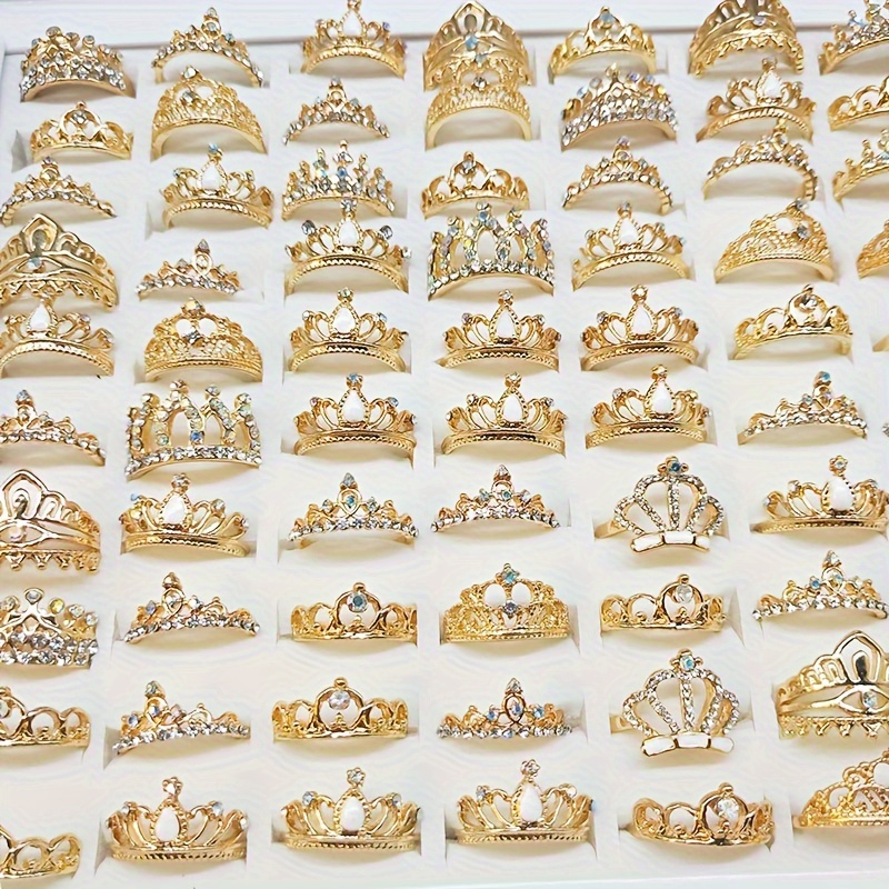 

50/100pcs Lot Crown Shape Rings, Golden Silvery Inlaid Rhinestones Crown Ring Jewelry For Women Girls Stackable Finger Rings For Elegant Decoration