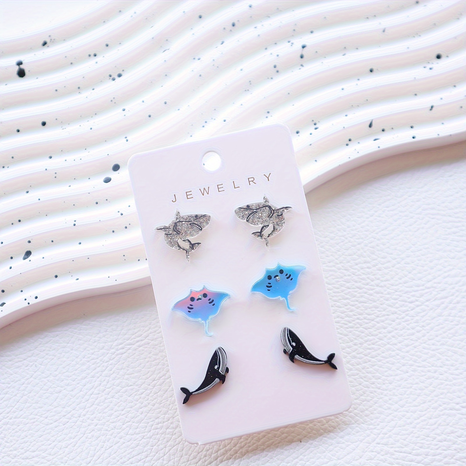 Image of A Set Of 3 Pairs Of Cute Animal Acrylic Stud Earrings Set Shark Ray Whale Cute Fun Earrings Vacation Gift Earrings