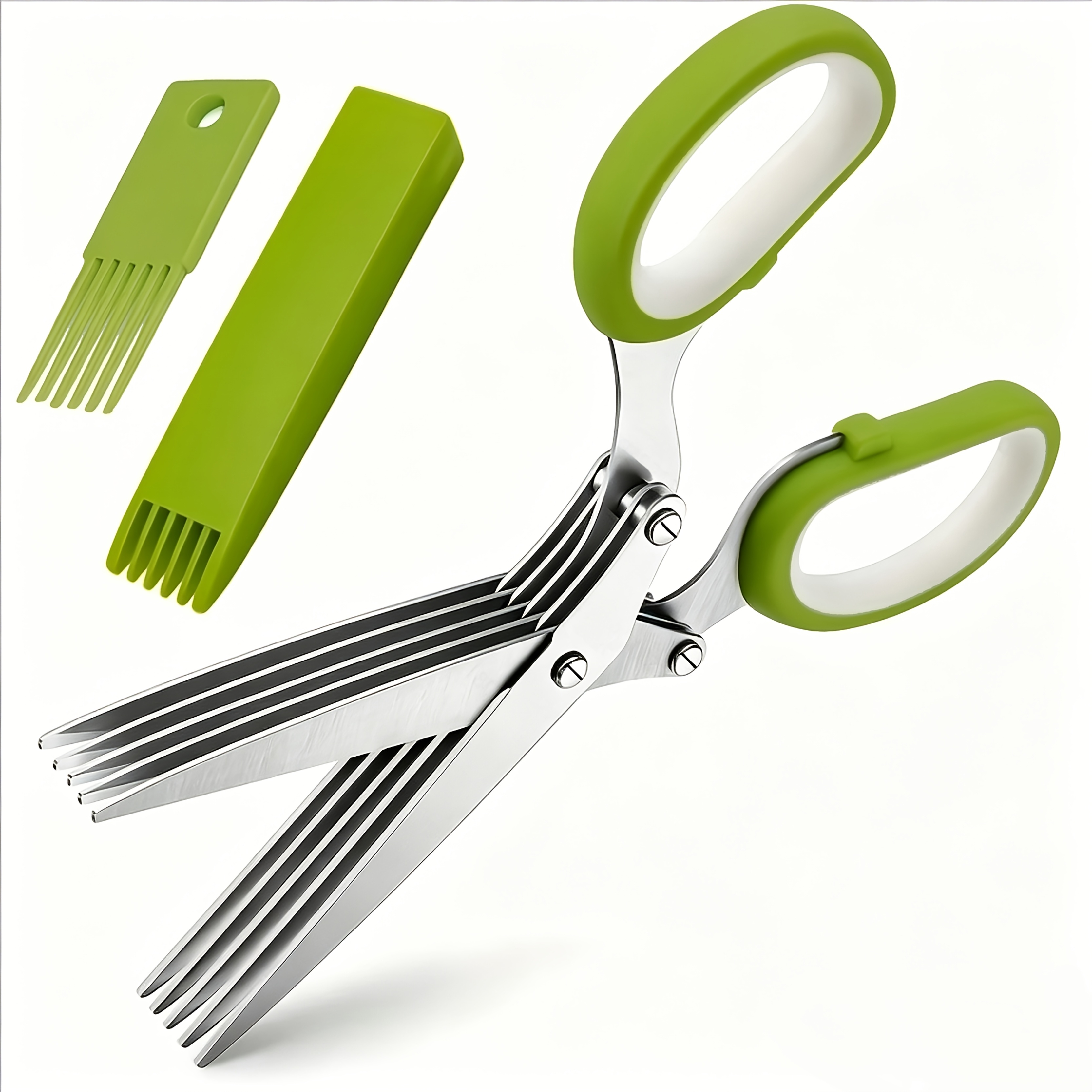 Image of A Kitchen Scissor, Suitable For Chopping Herbs And Scallions, With An , A Safety Cover, And An Easy-to- Chopper