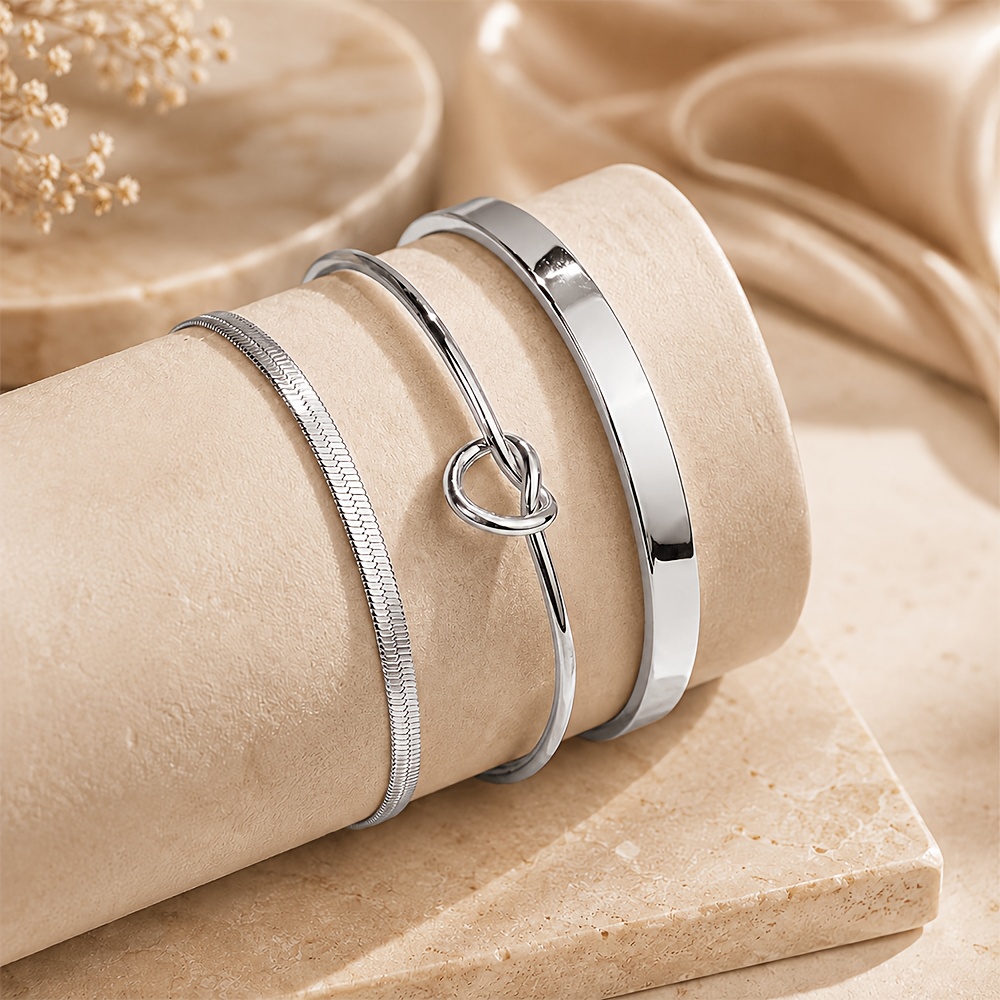 TEMU 3pcs Set Women's Stackable Bracelet Set, 18k Gold-plated Stainless Steel Snake Chain Bracelet, Knot- Bangle, And Smooth Bracelet, Minimalist