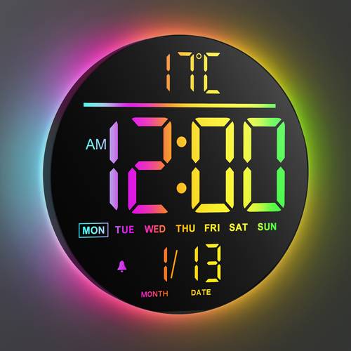 item picture 10 1 large display round digital wall clock 8 rgb colors led night lights auto brightness auto dst date week 2 alarms temperature remote control wall decorations suitable for kitchen bedroom living room study room classroom 2 aaa not included