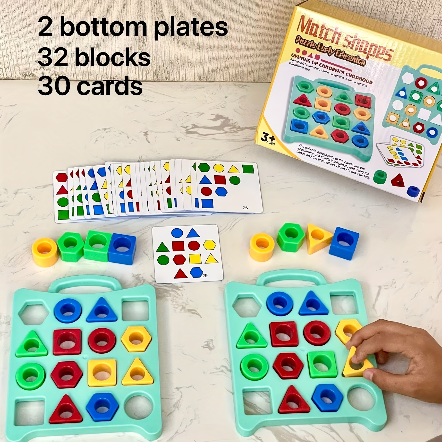 Image of 64pcs Puzzle Toys (2pcs -inch Game Disks, 32pcs Geometric Shapes, 30pcs Cards) Family Games Color And Shape Matching Christmas Gifts