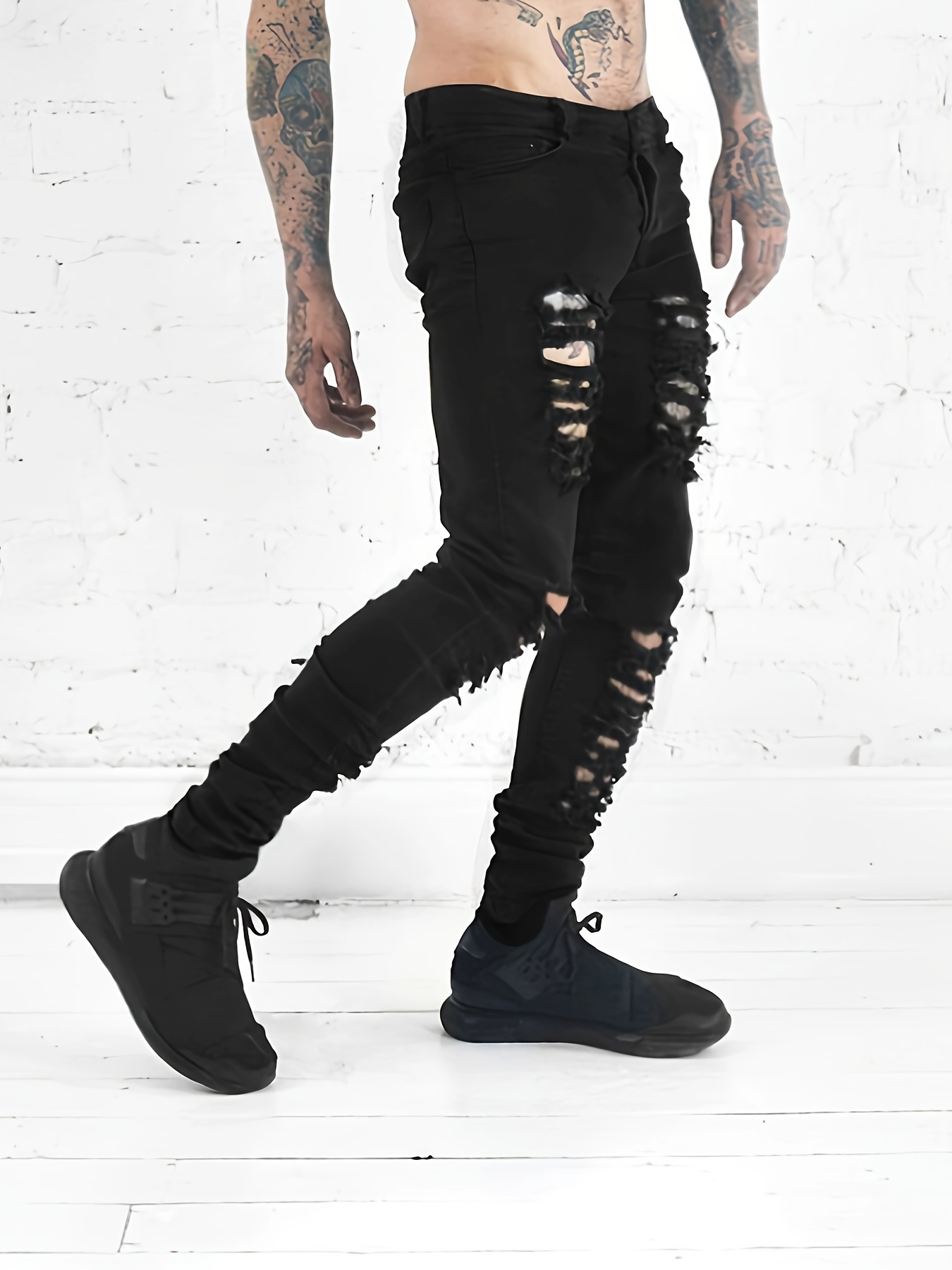 Men's Ripped Skinny Jeans, Casual Street Style Stretch Denim Pants