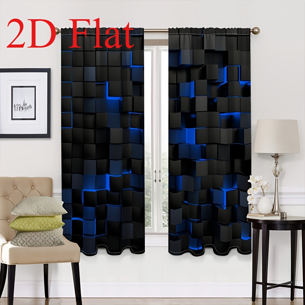 TEMU 2d Flat - 2d Flat - 2d Flat Printing 2pcs Vintage-style Blue Geometric Pattern Curtains, For Living Room And Bedroom. Machine Washable, Suitable