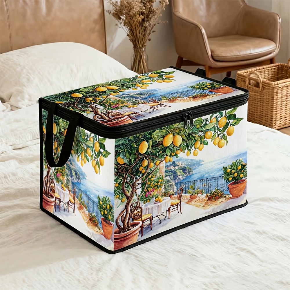 TEMU 1pc Lidded Storage Bins Mediterranean Landscape - Lemon Tree , Perfect For Organizer, Laundry Room Storage, Or Holiday Decor Storage, Household
