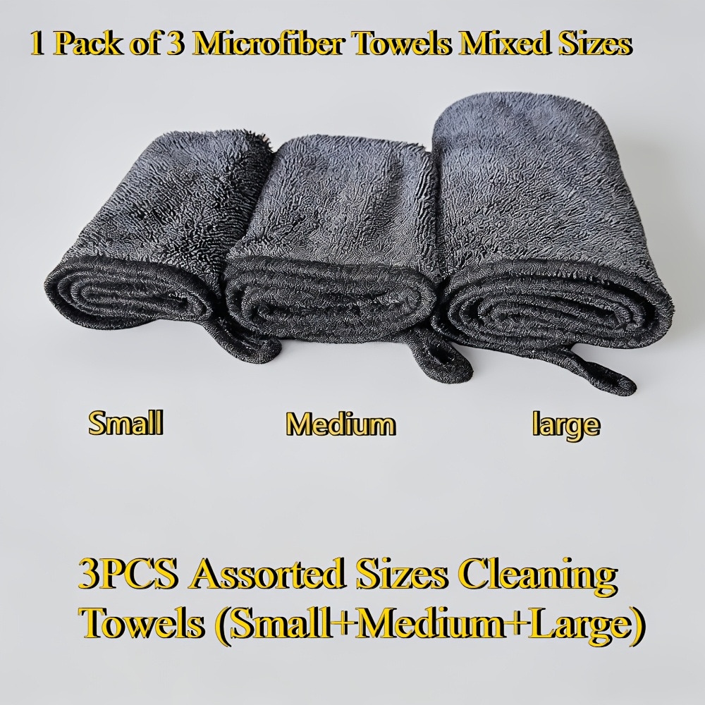 Image of 3-pack Assorted Sizes Premium Microfiber Cleaning Towels - Streak-free, Ultra Absorbent, Non-toxic, Reusable, Ideal For Kitchen, Bathroom, Glass And Car Detailing