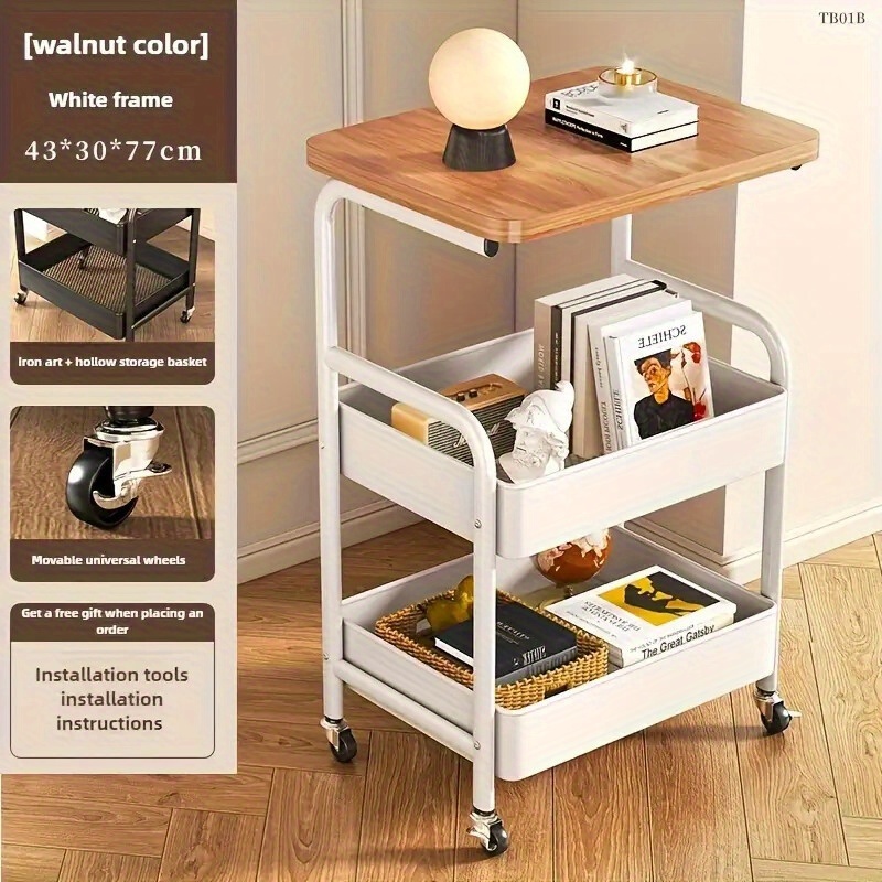 TEMU A Storage Rack With Wheels, Solid Wood Top Shelf, Kitchen Trolley, Made Of Carbon Steel, Sturdy And Durable, For Storing Kitchen Shelves, With A