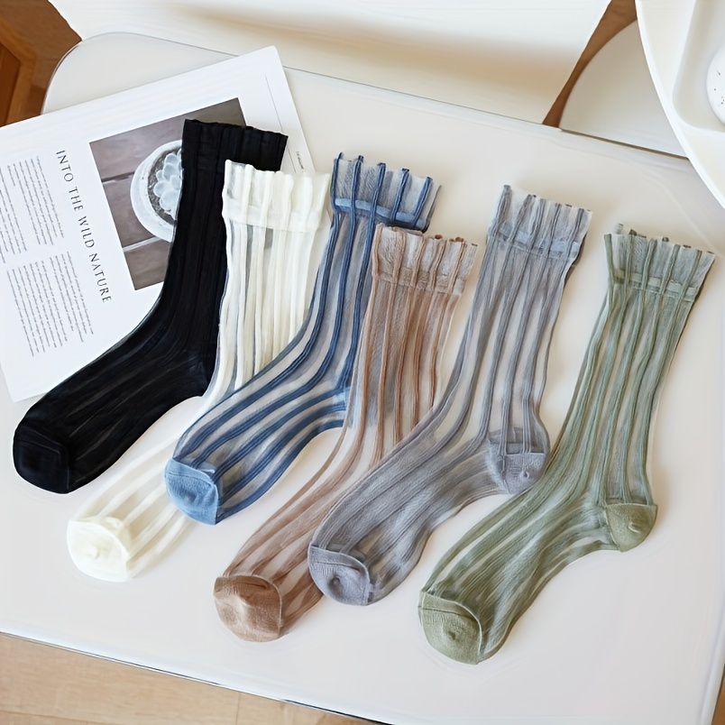 Image of 6-color Mixed Striped Glass Socks, Preppy Style Ultra-thin Breathable Mid-calf Socks, Women's Long Socks And Hosiery, Spring Summer