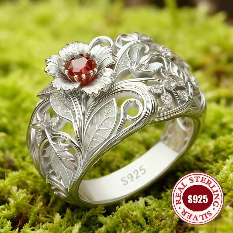TEMU 925 Sterling Silver Ring For Women - Stylish Natural Flower Design - Beautiful And Long-lasting 3d Plant Pattern, Made Of Pure Silvery That