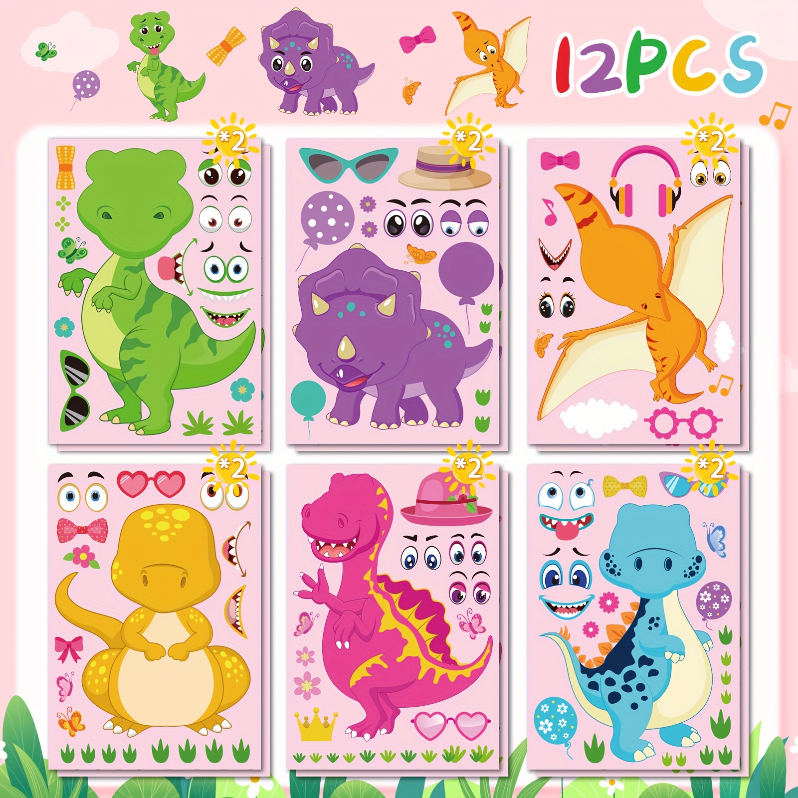 Image of 6pcs/12pcs Diy Dinosaur Stickers - Featuring Cartoon Designs, Suitable For Decorating Books, Diaries, Water Bottles, Laptops, Luggage, Baskets, And As Party Favors