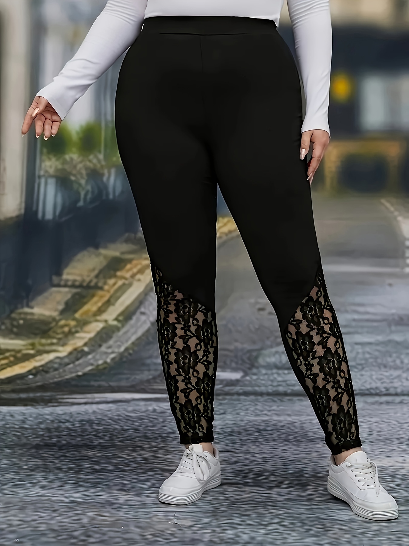 Yoga Pants Sheer Lace Leggings Plus Size Women's Lace Contrast