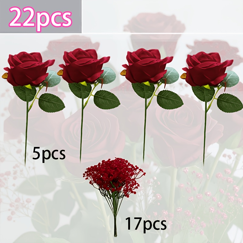 TEMU 22-stem Bouquet - Realistic Artificial Roses And Baby's Breath With Multi-colored Long Stems, Vibrant Mixed Colors With Natural-looking Foliage.