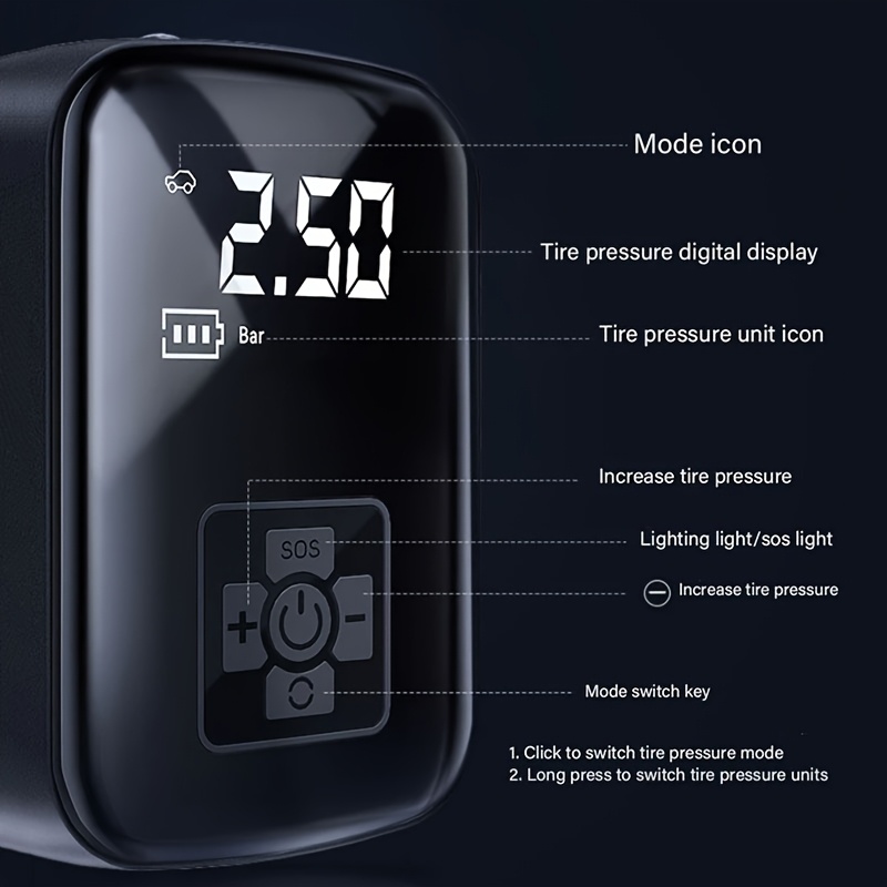 Ultra-Fast 150PSI Cordless Tire Inflator with LED Light & Digital Display - Portable Air Compressor for Car, Motorcycle, Bicycle & Sports Ball Pumps, Durable ABS Material, Rechargeable 18650 Lithium Battery, USB Type-C Cable Included, Quick Inflation System for Vehicles, Portable Tire Inflato