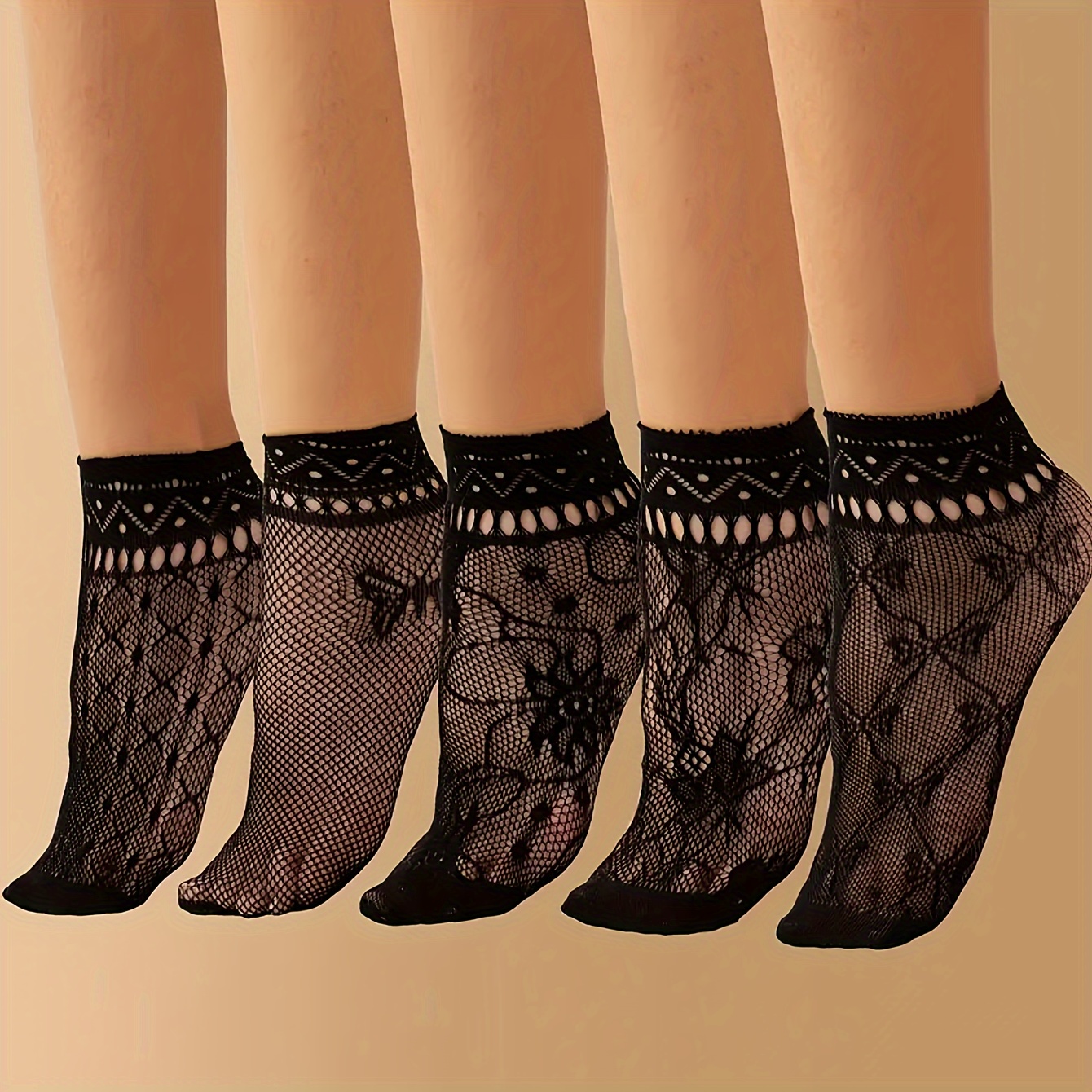 TEMU 5 Pairs Women's Elegant Floral Lace Mesh Short Socks - Breathable Sheer Tights With & Flower Pattern, Polyester Blend For Casual & Formal Wear,