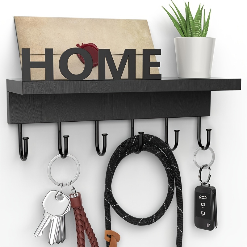 Image of Key Holder Wall Mount Key Hooks Entryway Shelf Keys Rack Key Shelf With 6 Metal Hooks Mail Holder, Wooden Shelf, Living Room Decoration, Bedroom Decoration, Wall Decoration