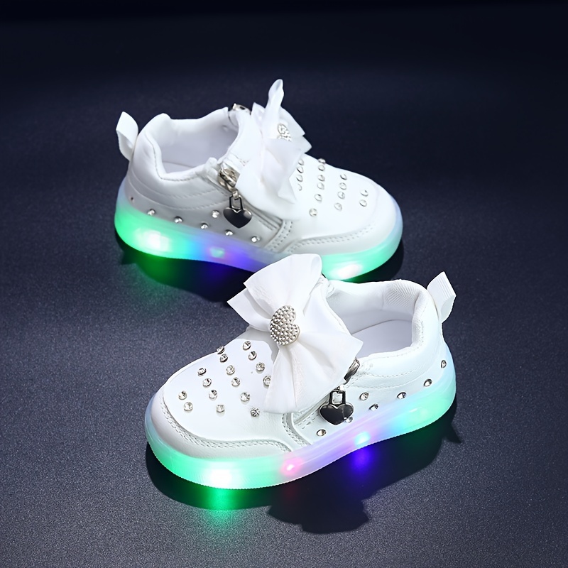 Girls' Sparkling LED Sneakers Cute Pink Running Shoes with Bow,  Flashing Lights, Studded Details, Rubber Sole, and Zipper Closure for Cas
