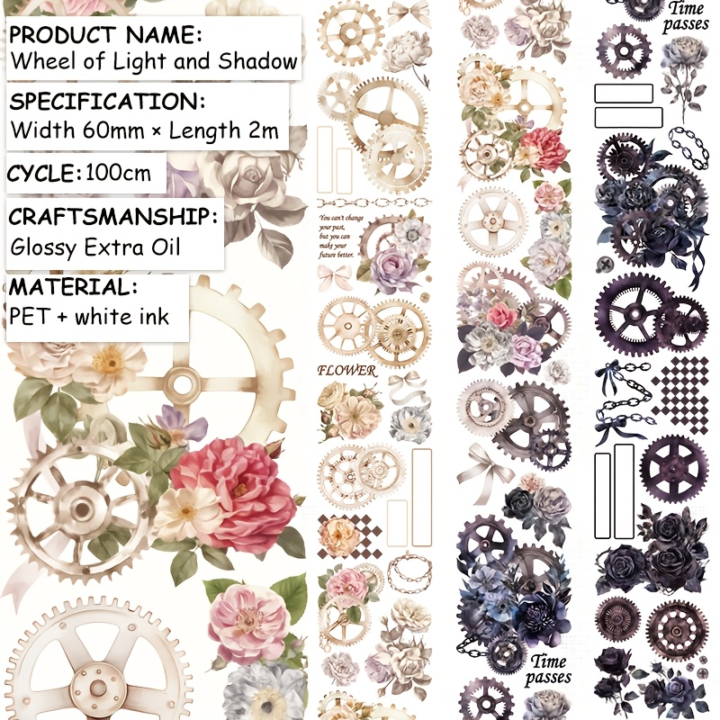 TEMU 2m Dh Fantasy Aesthetic Steam Flower Washi Tape Roll - Pet Suitable For Scrapbooking, Journaling, Collage Art With Steam Flower Stickers, Washi