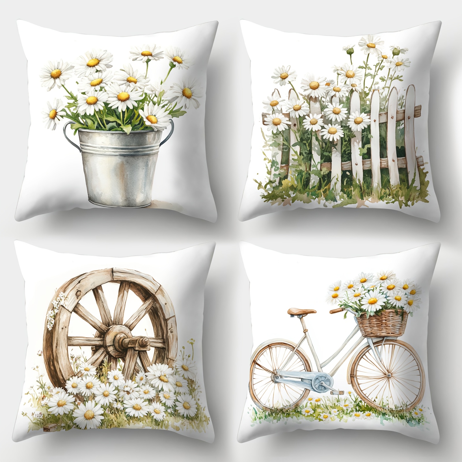 E-shop 4-teiliges Frühlings-Kissenbezug-Set, Gänseblümchen- Fahrrad-Kissenbezüge, geeignet für , Raumdeko, Büro-Deko, Wohnzimmer-Deko, Sofa-Deko,