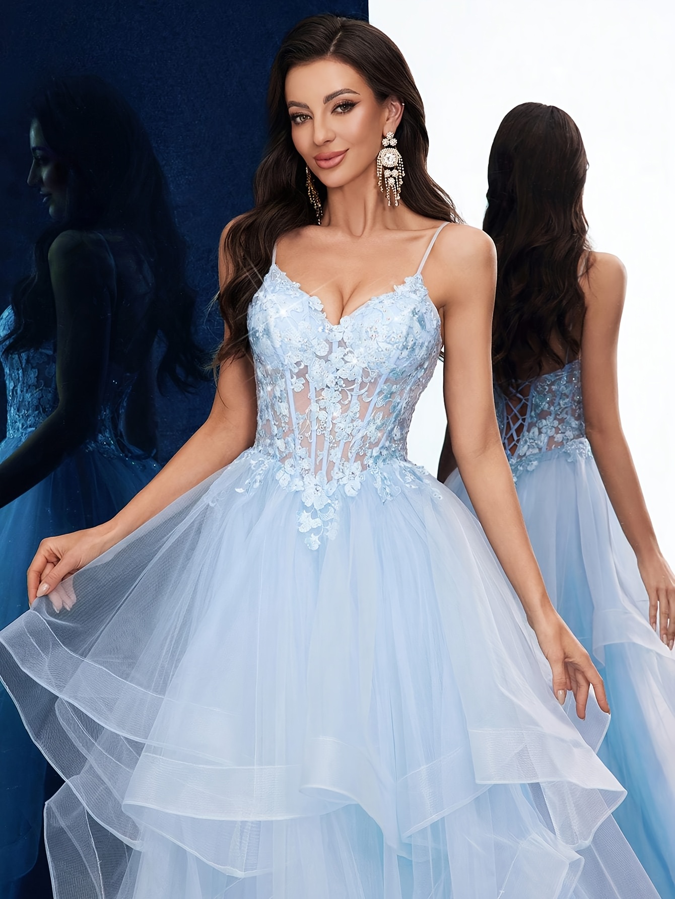 Elegant Light Blue V-Neck Sleeveless Gown with Lace Overlay and Tulle Skirt  Graduation Parties, Banquets, and Formal Events, Graduation Party - Main Image