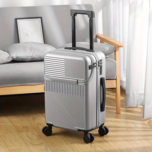 a compact 20 inch carry on luggage for women with front opening featuring a cup holder suitable for men and women students and inch travel suitcase with a lightweight pull rod