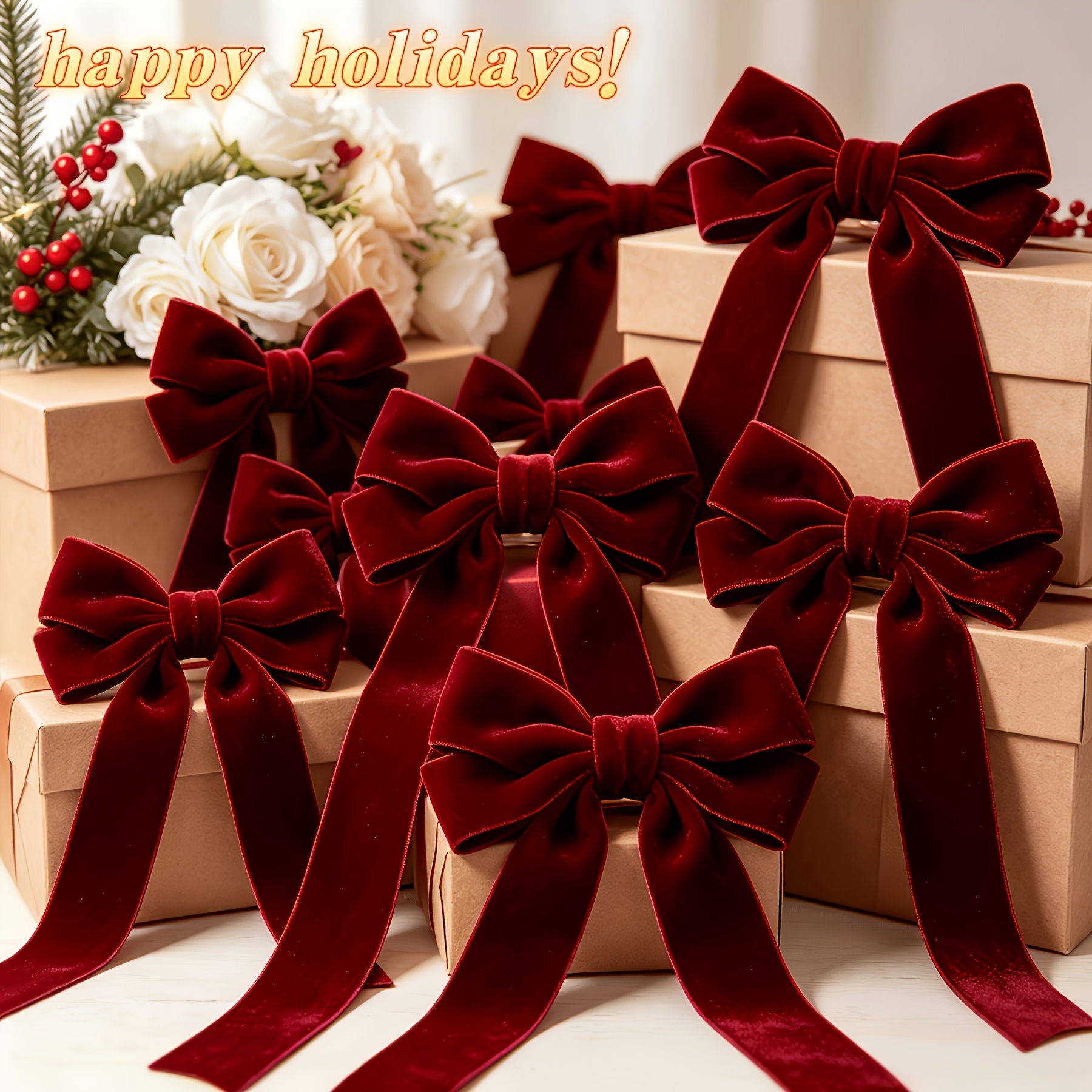 TEMU 6pcs Burgundy Red Bows, Exquisite Velvet Bows, Christmas Tree Bow Decorations, Suitable For Christmas Decor, New Year Decor, Wedding Decor, Home