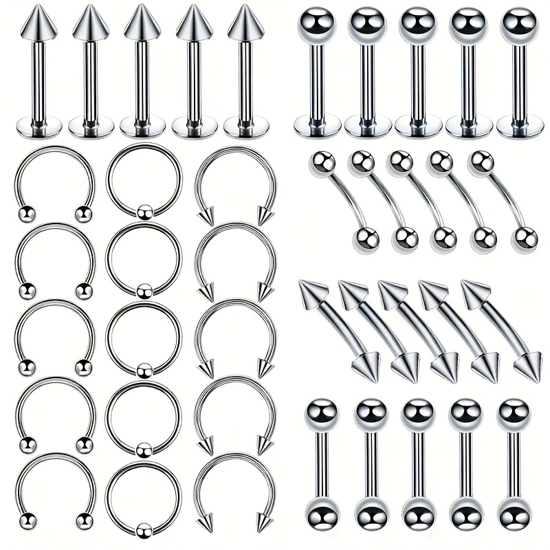 40pcs 304 304 Stainless Steel Eyebrow Nails, Tongue Nails, Lip Nails, Nose Rings, Ear Studs, Body Piercing Jewelry Set
