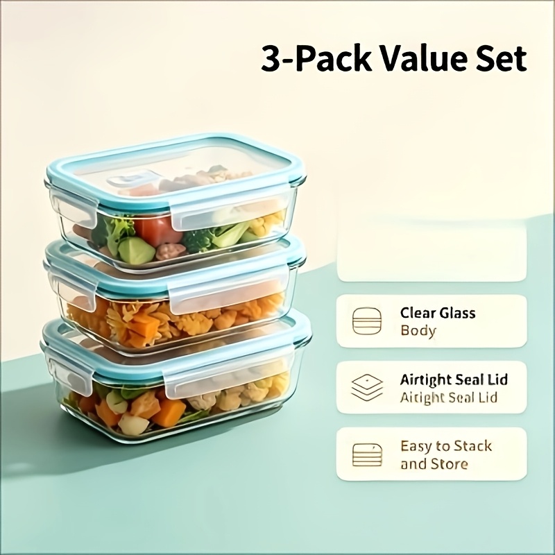 TEMU 3-pack 400ml Small Glass Food Storage Containers With Lids, Microwave & Freezer Safe Airtight Glass Lunch Boxes, Stackable Food Containers For