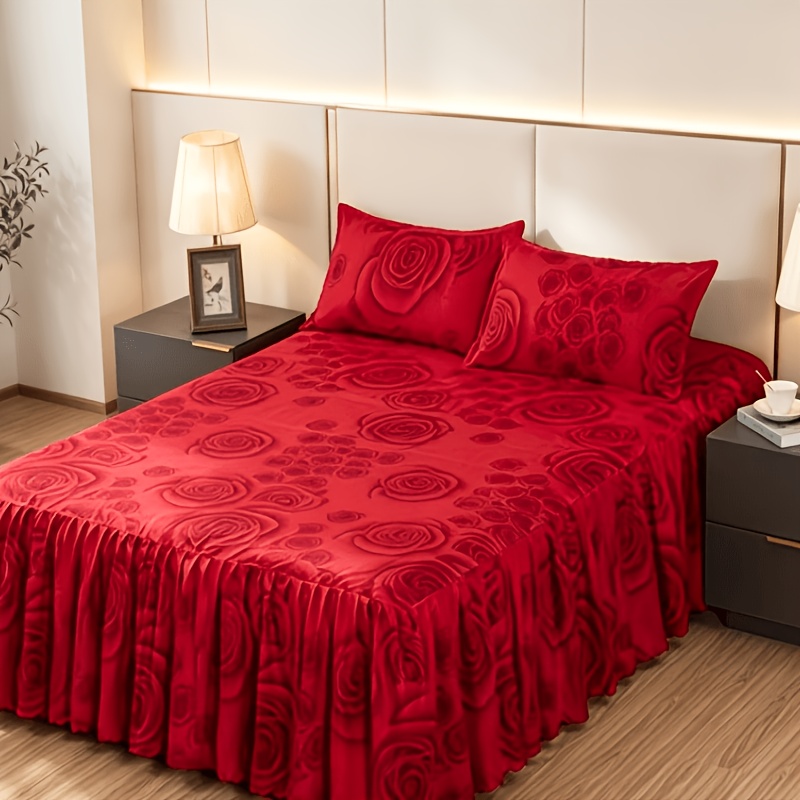 Image of 3pcs Bed Skirt Set (1pc Bed Skirt, 2pcs Pillowcases) Skin-friendly Red Rose Print With Edges, And Comfortable Protective Covers, Anti-slip And, Suitable For , Bedroom And Bedding
