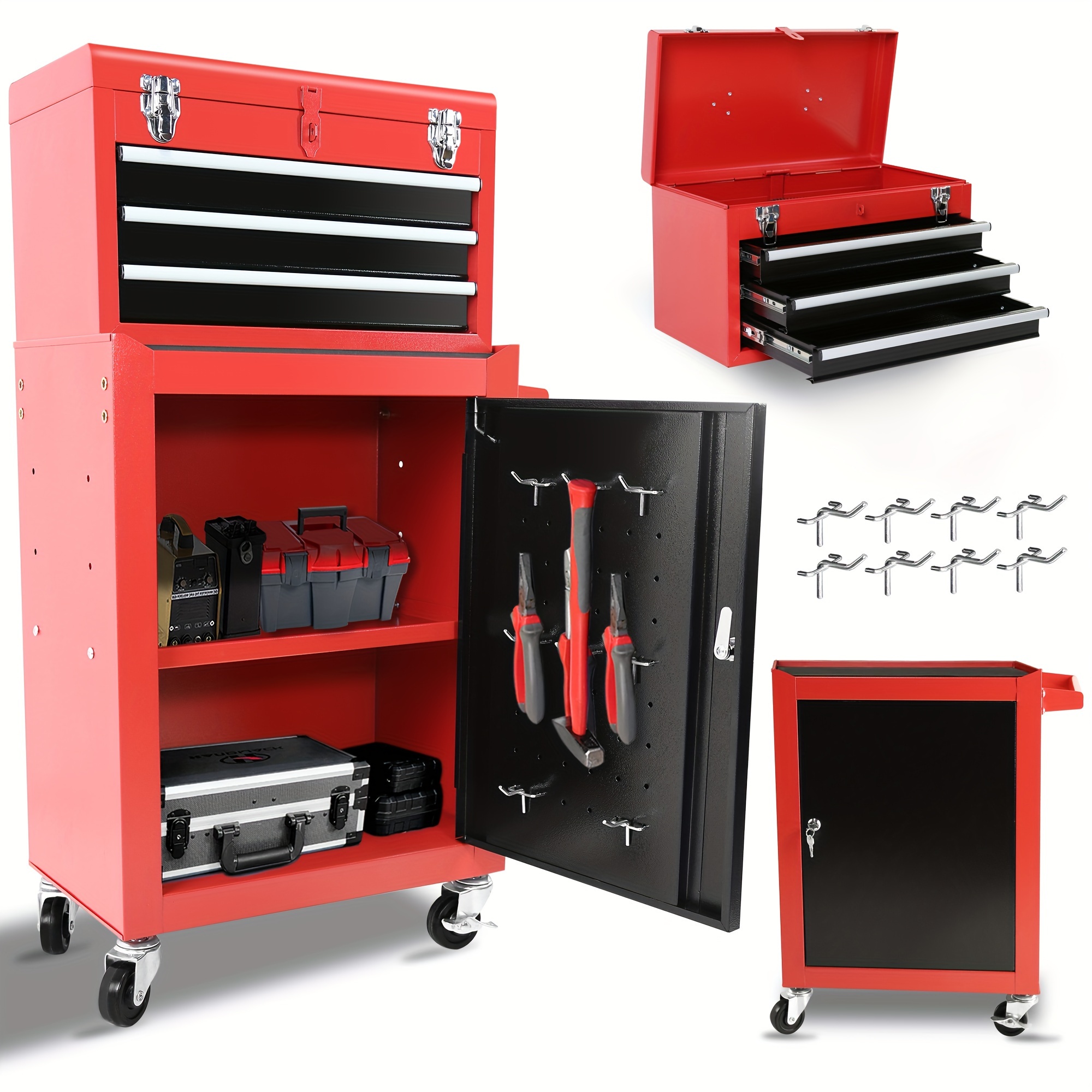 

3-drawer Rolling Tool Chest With Wheels, Tool Chest With Large Storage Cabinet And Adjustable Shelf, Removable Portable Top Box With Locking System Tool Chest For Garage, Warehouse