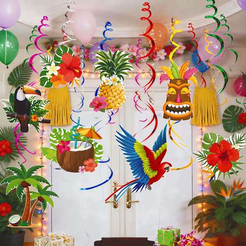 hawaiian themed party hanging swirl pendant tropical floral palm leaf parrot ceiling decoration summer beach pool party supplies hibiscus bird of paradise paper hanging ornament hawaiian banquet scene setup
