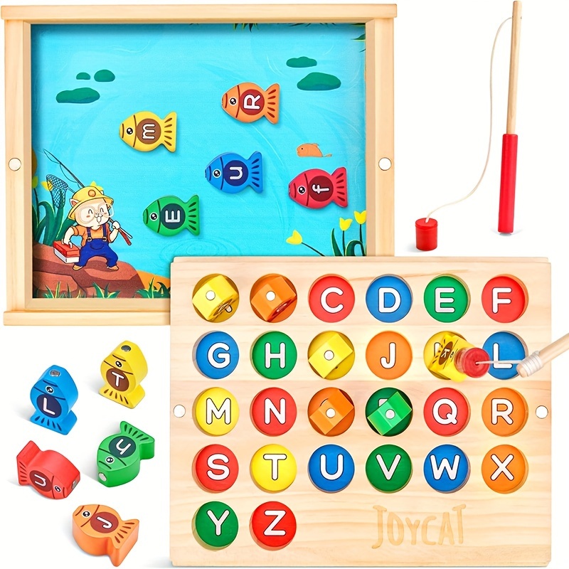 

Wooden Magnetic Fishing Game, Abc Alphabet Color Sorting Puzzle, Montessori Letters Cognition Phonic Games For Toddlers Kids Learning Toy Travel Educational Preschool Gift With 2 Poles