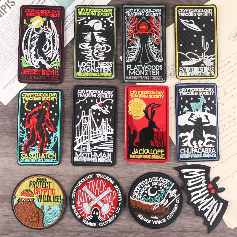 TEMU 12-pack Cryptidology & Themed Iron-on Patches, Assorted Embroidered Badge Appliques, Mixed Color, Rectangular & For And Accessories
