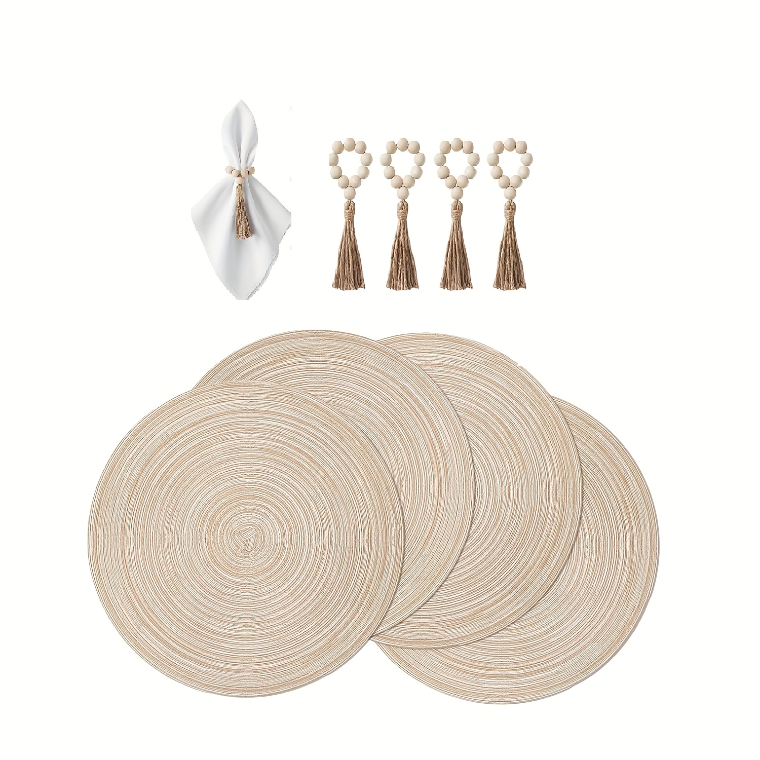 Image of 8pcs Set Includes 4pcs Of Natural Material Napkin Handmade Linen Bead Column Stand And 4pcs Of 12-inch Round Table Washable Tablecloth Heat-resistant Anti-slip Round Table Mat