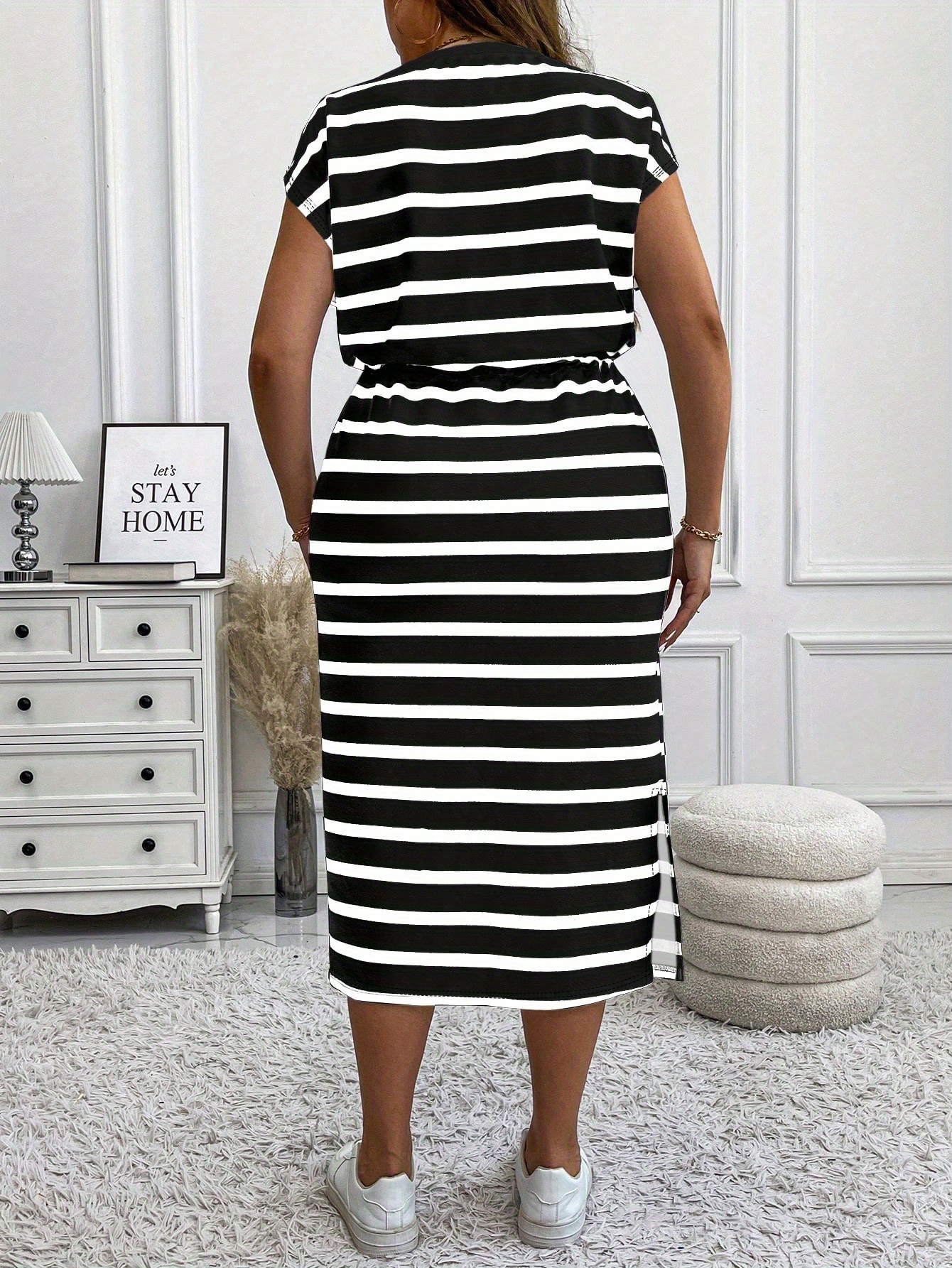 Plus Size, Women's Casual Striped Tie-Waist Round Neck Dress