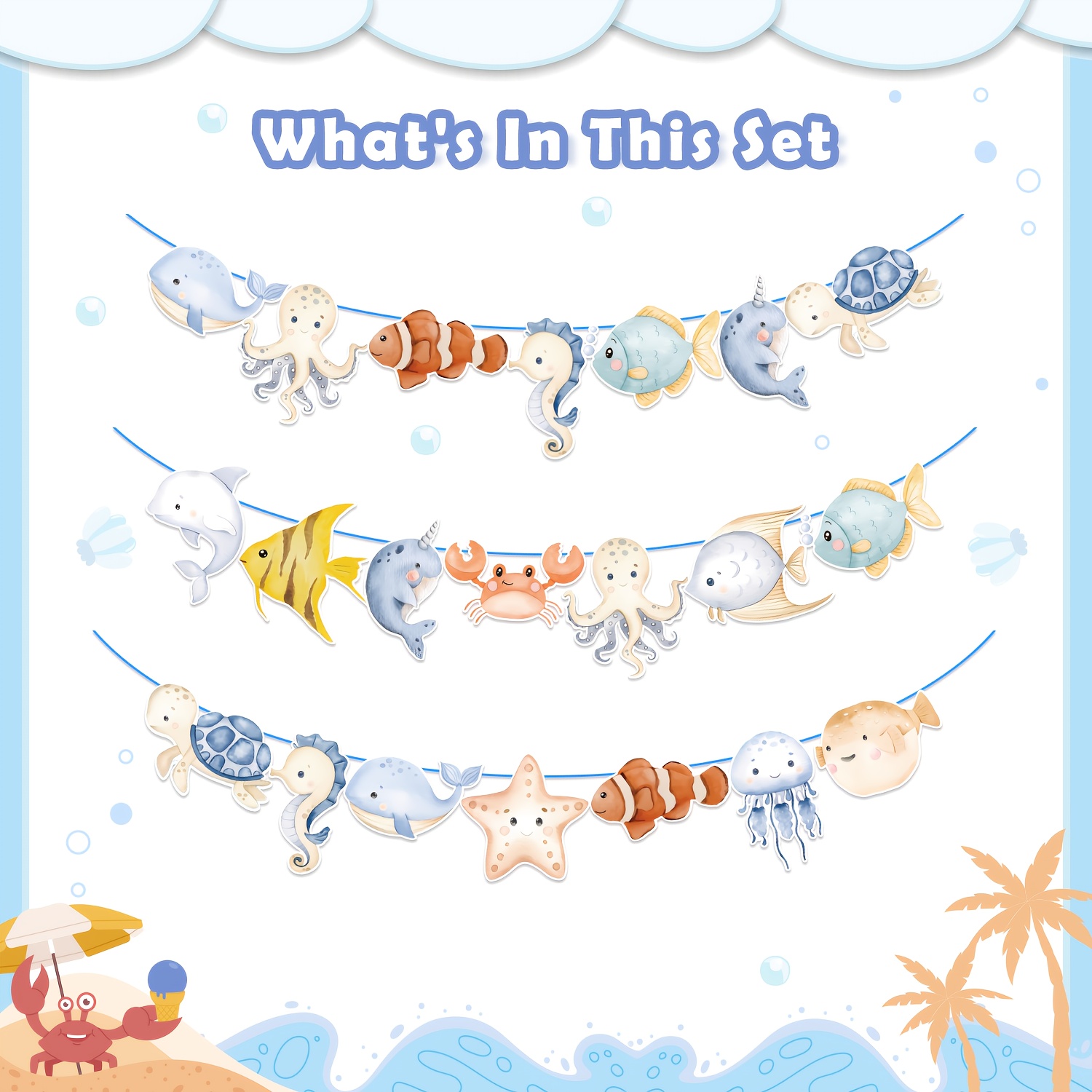 Image of 21pcs, Paper Ocean Animal Themed Bunting Decorations, Suitable For Ocean Animal Themed Birthday Parties, Gift Parties, And Bachelorette Party Decorations