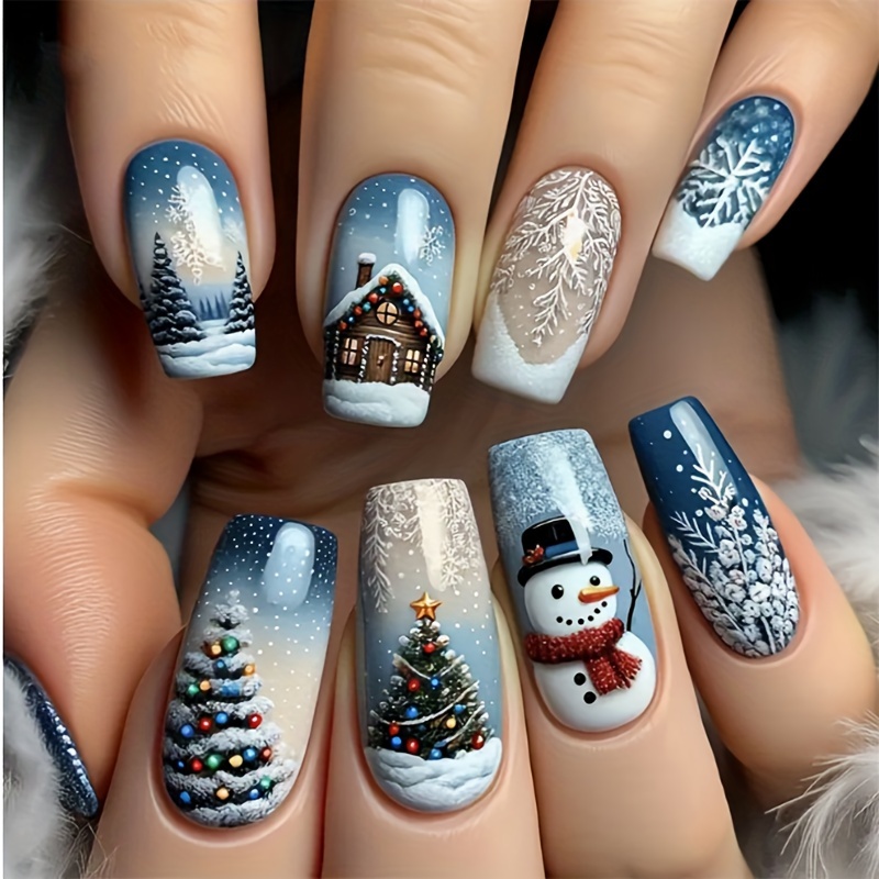 

24pcs Christmas Press-on Nails Set - Medium , Blue With Snowman & Designs, Includes Jelly Adhesive Tabs For Women And Girls, Long, Wear