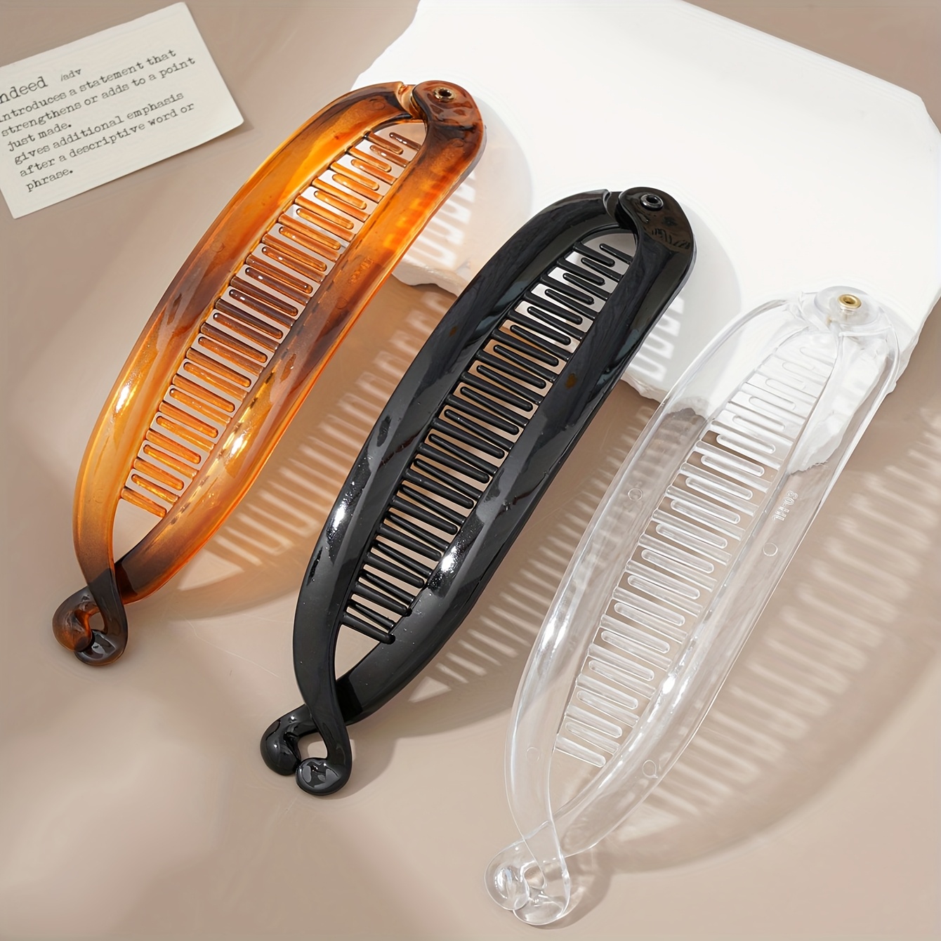 E-shop 3er Set Flache Bananen Haarspange Retro Oval Stabiler Griff, Amber/Transparent/Schwarz Damen Alltagspendel, Pferdeschwanz, Dutt und Zopf